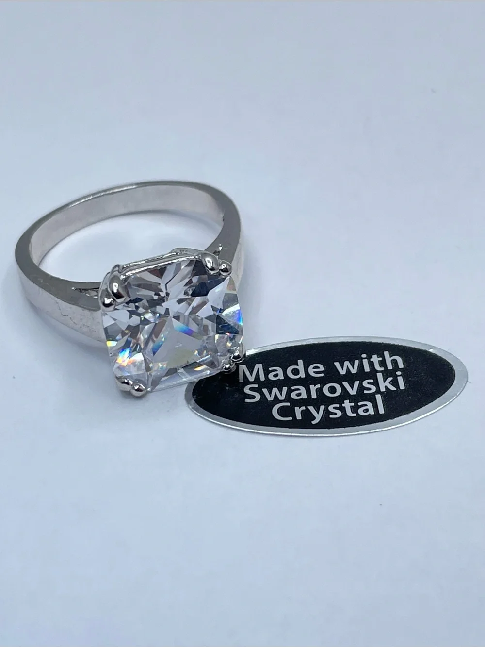 Swarovski Crystal Elements Diamond White Cushion Cut Ring Silver Sz 9 Statement